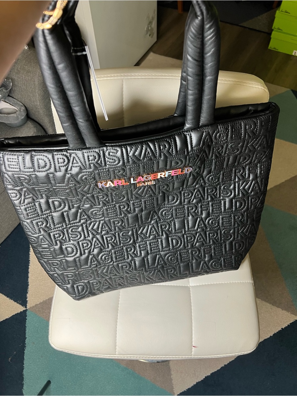 Karl Lagerfeld Black Quilted Logo Tote with Multicolor Plaque